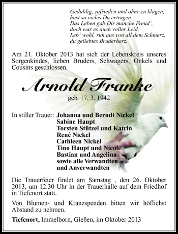 Traueranzeige von Arnold Franke von Südthüringer Presse