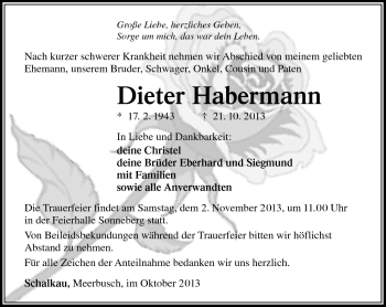Traueranzeige von Dieter Habermann von Südthüringer Presse