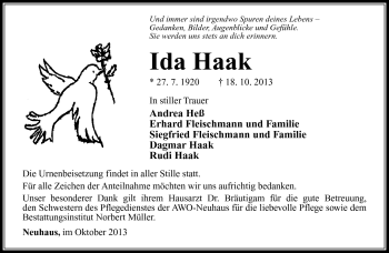 Traueranzeige von Ida Haak von Südthüringer Presse