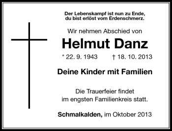 Traueranzeige von Helmut Danz von Südthüringer Presse