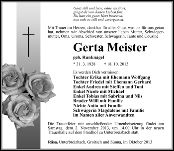 Traueranzeige von Gerta Meister von Südthüringer Presse