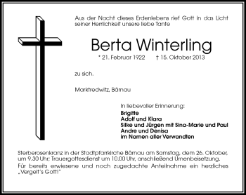Traueranzeige von Berta Winterling von Frankenpost