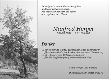Traueranzeige von Manfred Herget von Südthüringer Presse
