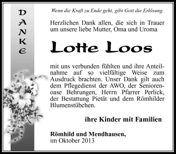 Traueranzeige von Lotte Loos von Südthüringer Presse