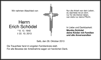 Traueranzeige von Erich Schödel von Frankenpost