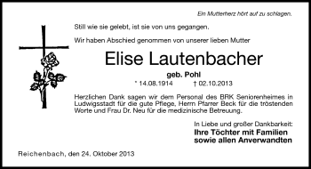 Traueranzeige von Elise Lautenbacher von Neue Presse Coburg