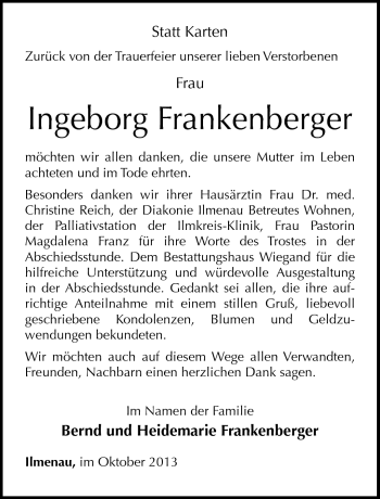 Traueranzeige von Ingeborg Frankenberger von Südthüringer Presse