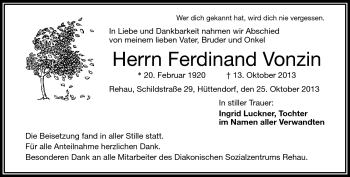 Traueranzeige von Ferdinand Vonzin von Frankenpost