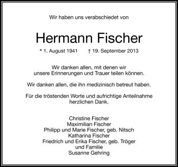 Traueranzeige von Hermann Fischer von Frankenpost