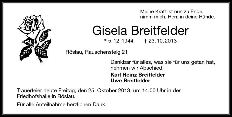  Traueranzeige für Gisela Breitfelder vom 25.10.2013 aus Frankenpost