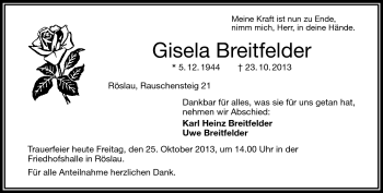 Traueranzeige von Gisela Breitfelder von Frankenpost