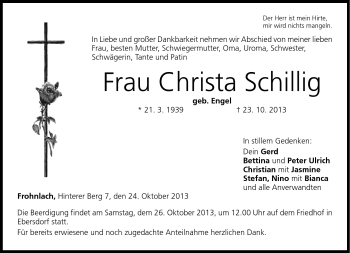 Traueranzeige von Christa Schillig von Neue Presse Coburg