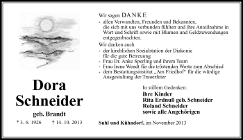 Traueranzeige von Dora Schneider von Südthüringer Presse