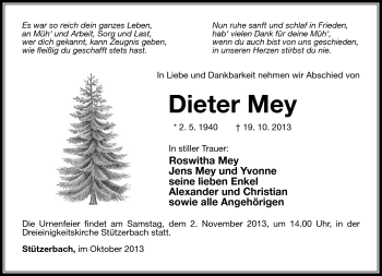 Traueranzeige von Dieter Mey von Südthüringer Presse