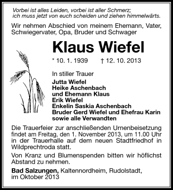 Traueranzeige von Klaus Wiefel von Südthüringer Presse