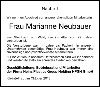 Traueranzeige von Marianne Neubauer von Neue Presse Coburg