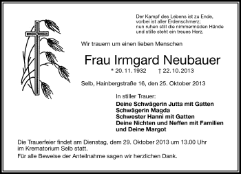 Traueranzeige von Irmgard Neubauer von Frankenpost