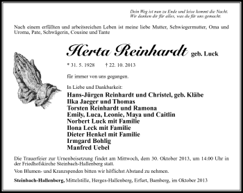 Traueranzeige von Herta Reinhardt von Südthüringer Presse