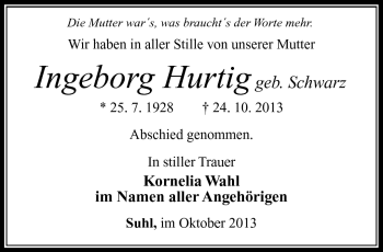 Traueranzeige von Ingeborg Hurtig von Südthüringer Presse