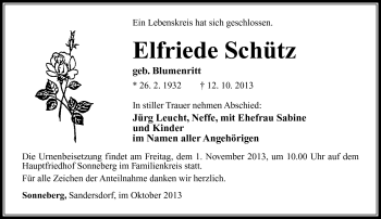 Traueranzeige von Elfriede Schütz von Südthüringer Presse