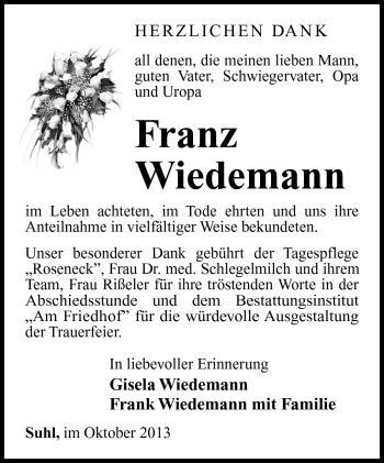 Traueranzeige von Franz Wiedemann von Südthüringer Presse