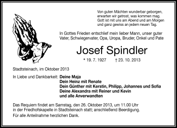 Traueranzeige von Josef Spindler von Frankenpost