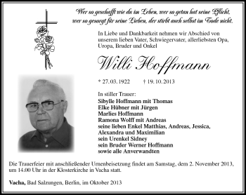 Traueranzeige von Willi Hoffmann von Südthüringer Presse