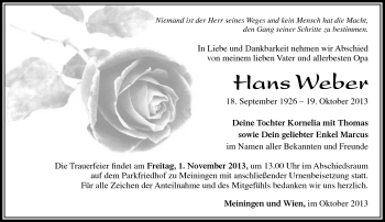 Traueranzeige von HAns Weber von Südthüringer Presse