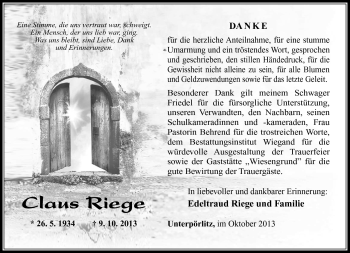 Traueranzeige von Klaus Riege von Südthüringer Presse