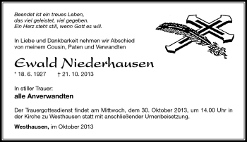 Traueranzeige von Ewald Niederhausen von Südthüringer Presse