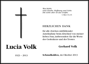 Traueranzeige von Lucia Volk von Südthüringer Presse
