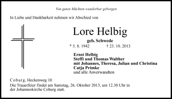 Traueranzeige von Lore Helbig von Neue Presse Coburg