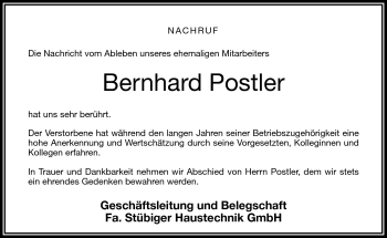 Traueranzeige von Bernhard Postler von Frankenpost
