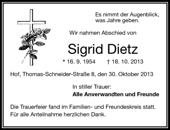 Traueranzeige von Sigrid Dietz von Frankenpost
