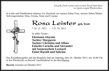 Traueranzeige von Rosa Leistner von Südthüringer Presse