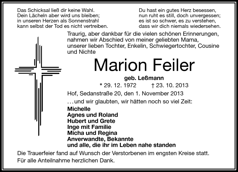  Traueranzeige für Marion Feiler vom 01.11.2013 aus Frankenpost