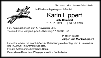 Traueranzeige von Karin Lippert von Frankenpost