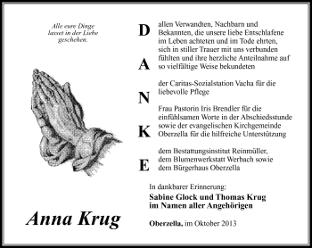 Traueranzeige von Anna Krug von Südthüringer Presse