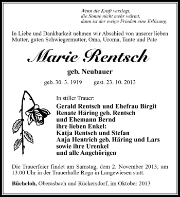 Traueranzeige von Marie Rentsch von Südthüringer Presse