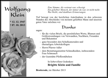 Traueranzeige von Wolfgang Klein von Südthüringer Presse