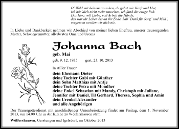 Traueranzeige von Johanna Bach von Südthüringer Presse