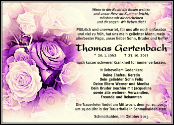 Traueranzeige von Thomas Gertenbach von Südthüringer Presse