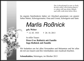Traueranzeige von Marlies Roßnick von Südthüringer Presse