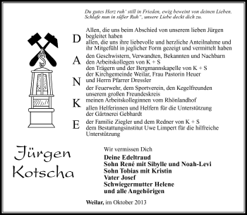 Traueranzeige von Jürgen Kotscha von Südthüringer Presse