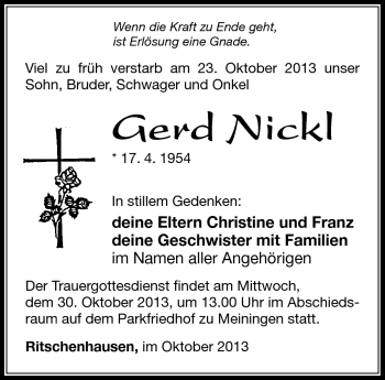 Traueranzeige von Gerd Nickl von Südthüringer Presse