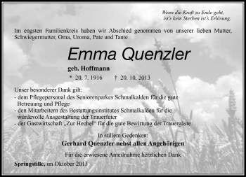Traueranzeige von Emma Quenzler von Südthüringer Presse