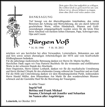 Traueranzeige von Dieter Voß von Südthüringer Presse