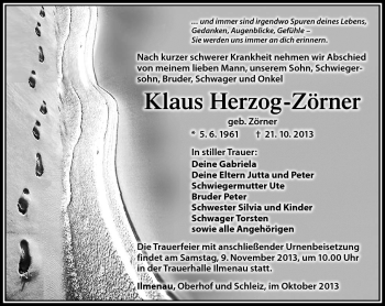 Traueranzeige von Klaus Herzog-Zörner von Südthüringer Presse