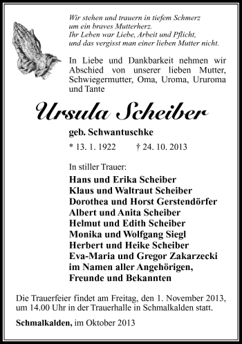 Traueranzeige von Ursula Scheiber von Südthüringer Presse