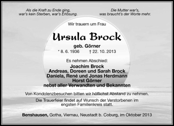 Traueranzeige von Ursula Brock von Südthüringer Presse